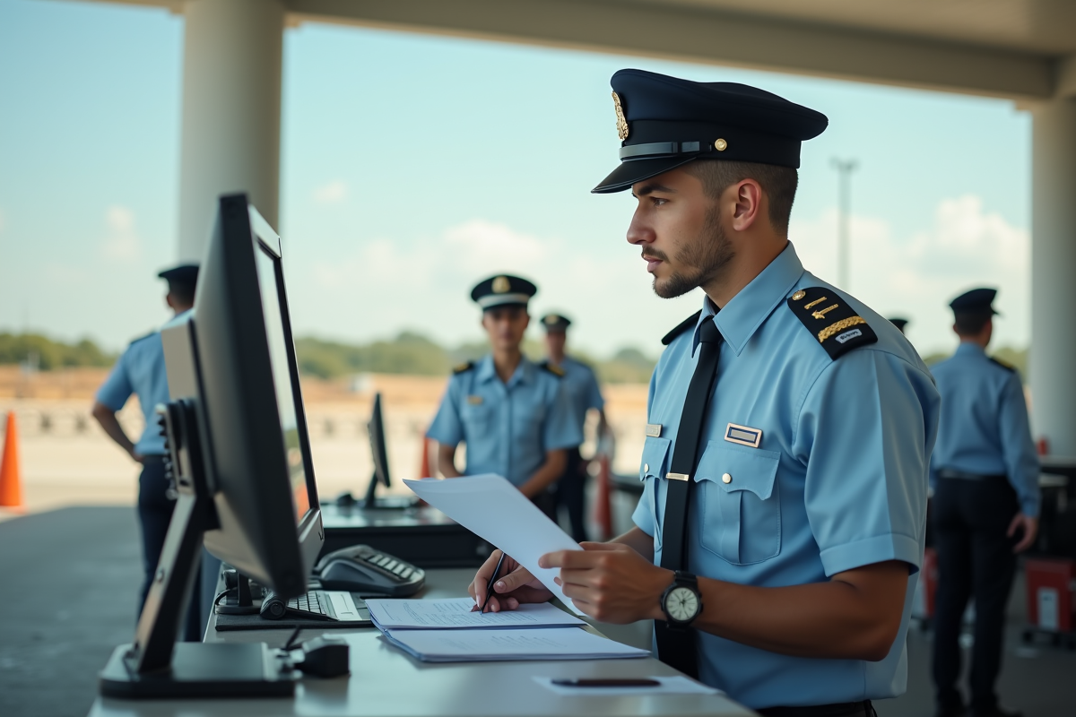 Jeune agent de douane inspectant des documents à la frontière