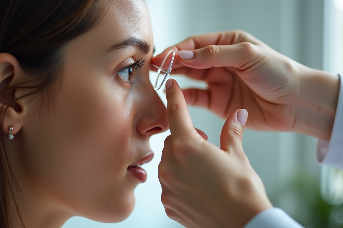 Mains ajustant des lentilles devant un visage lors d