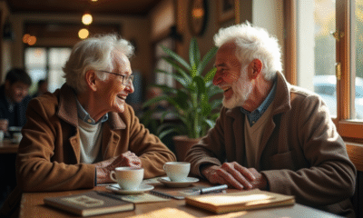 Deux vieux amis dans un café chaleureux partageant un café
