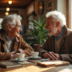 Deux vieux amis dans un café chaleureux partageant un café