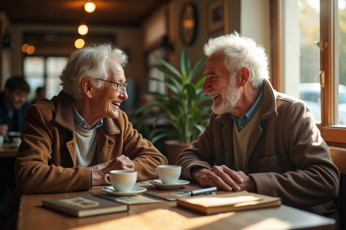 Deux vieux amis dans un café chaleureux partageant un café