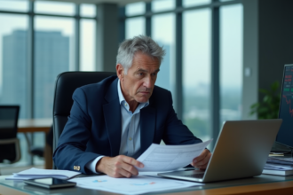 Analyste financier homme en costume bleu dans un bureau moderne