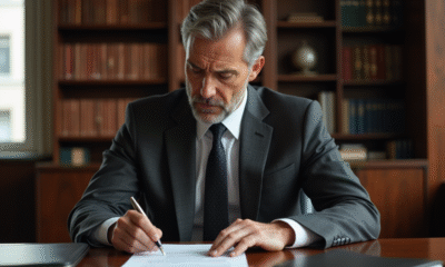 Avocat en costume lisant un contrat dans son bureau