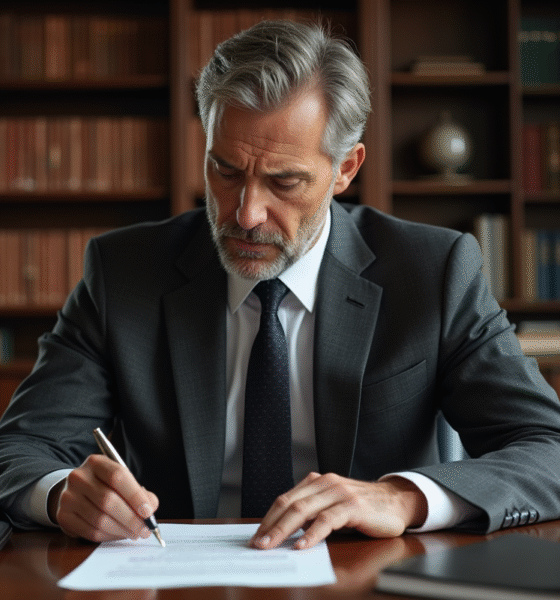 Avocat en costume lisant un contrat dans son bureau