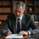 Avocat en costume lisant un contrat dans son bureau