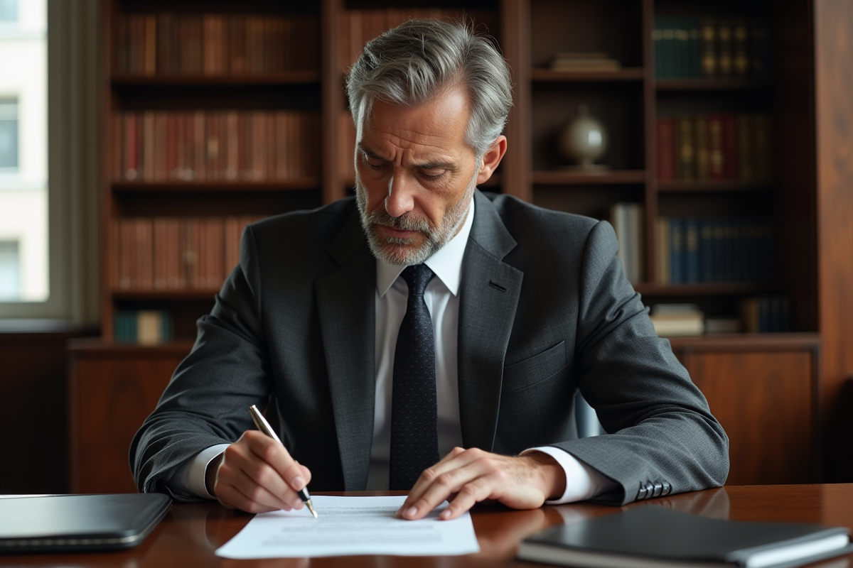 Avocat en costume lisant un contrat dans son bureau