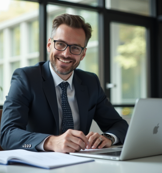 Conseiller juridique confiant dans un bureau moderne souriant