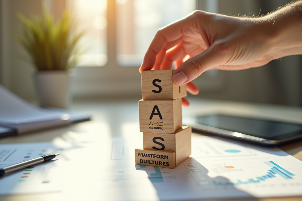 Main posant un bloc SAS sur une tour de blocs d