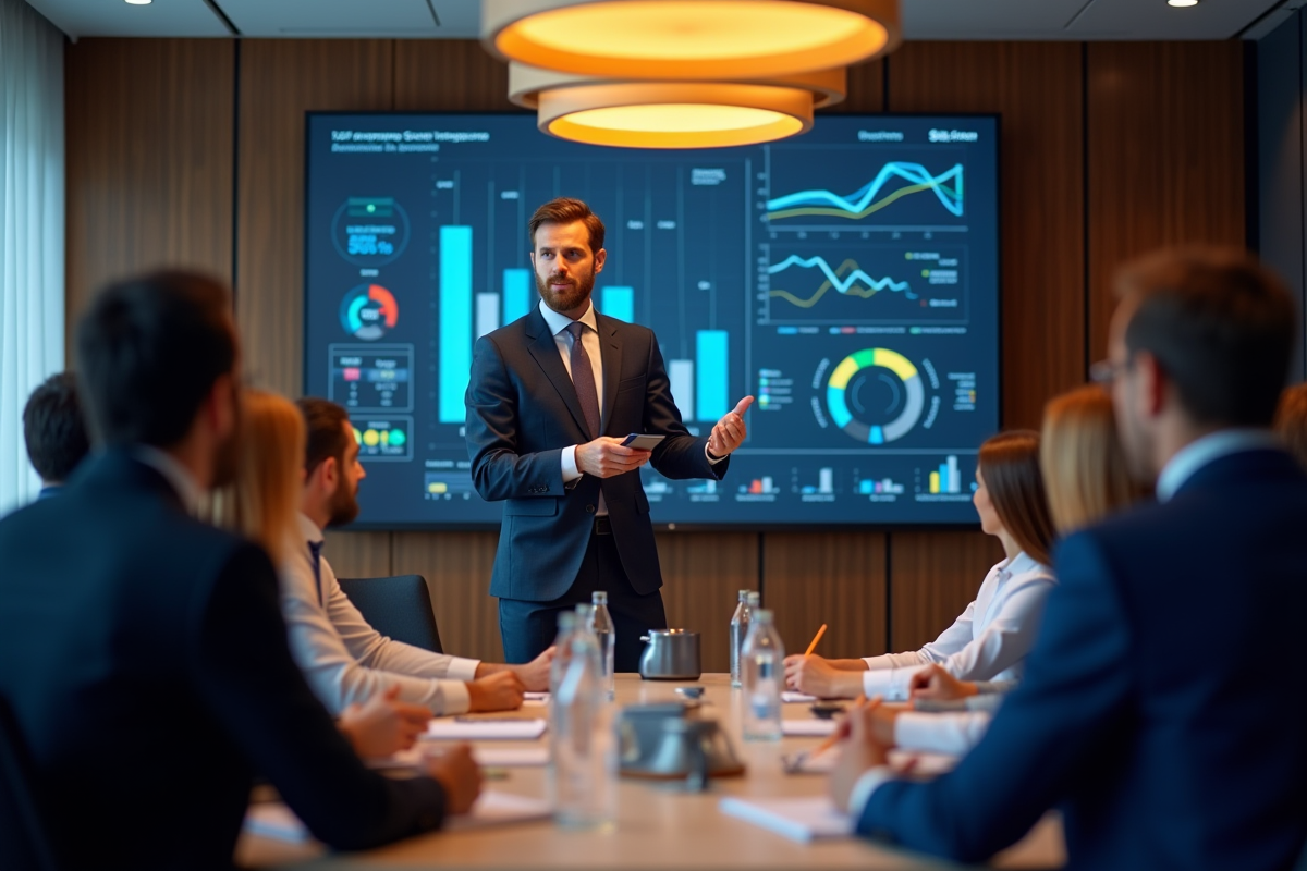 Consultant en costume donnant une présentation avec graphiques