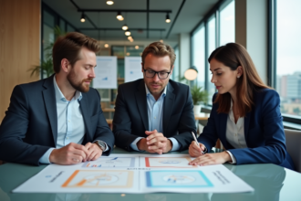Equipe diverse analysant une matrice BCG dans un bureau moderne