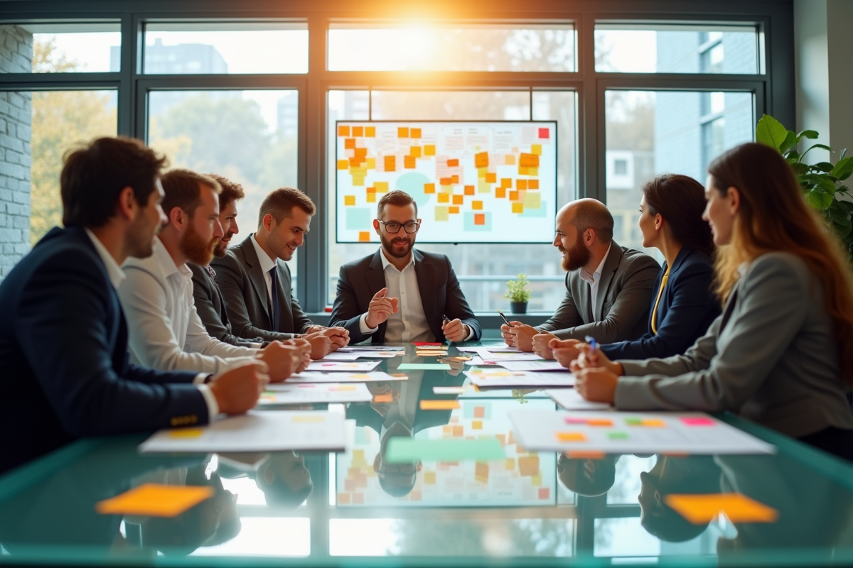Equipe diverse en brainstorming stratégie marketing