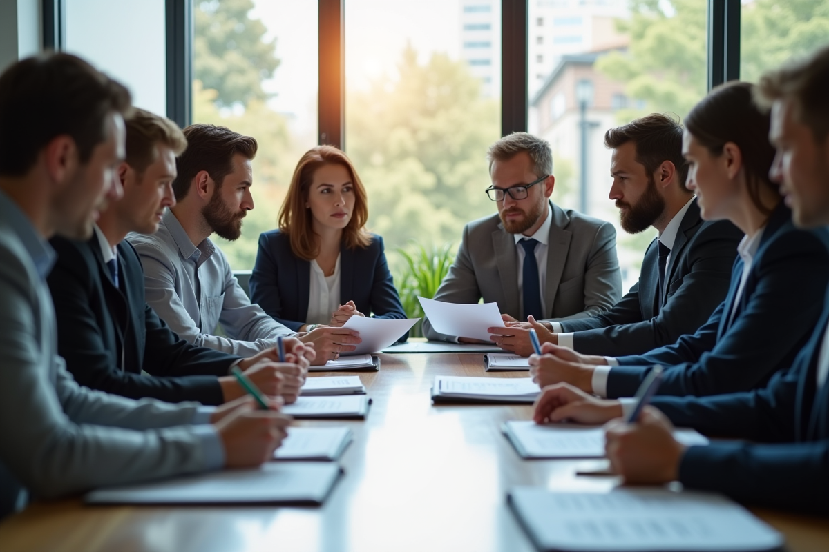 Groupe de professionnels en réunion dans un bureau moderne
