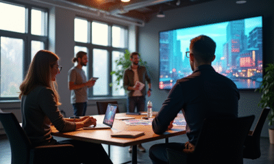 Equipe créative en réunion dans un bureau moderne pour une pub