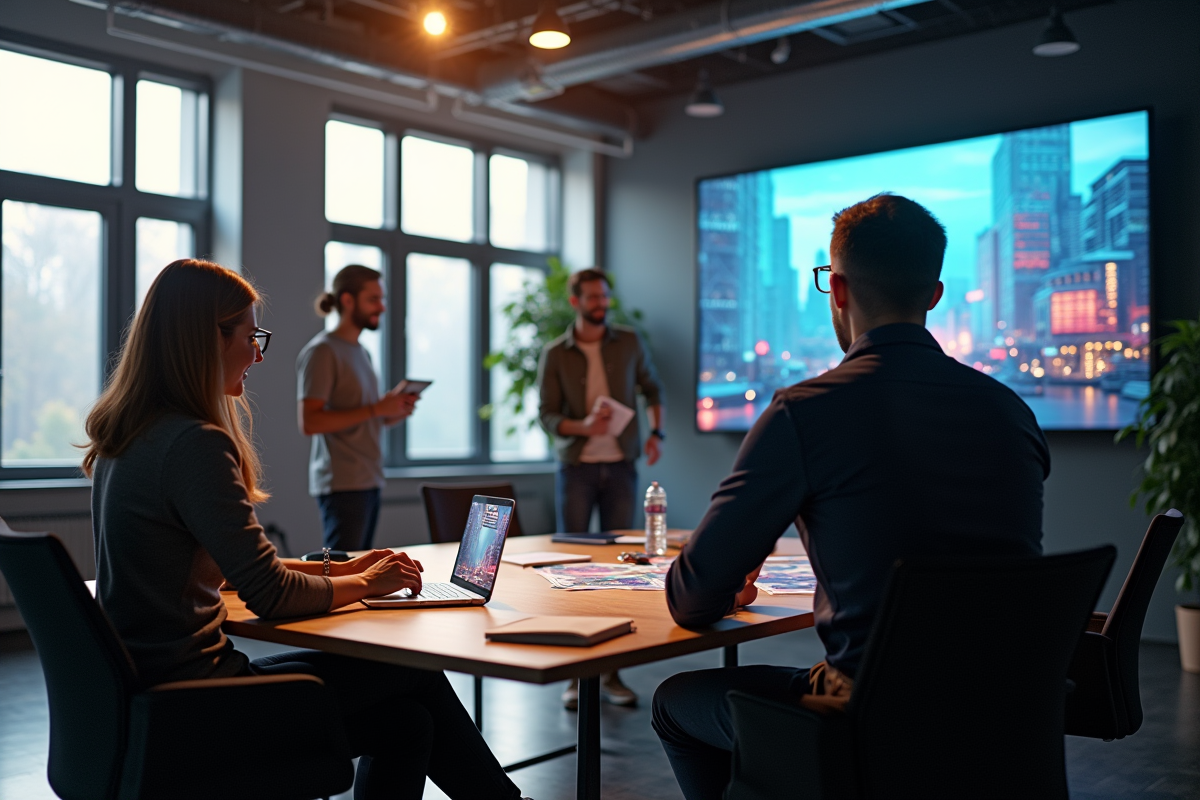 Equipe créative en réunion dans un bureau moderne pour une pub