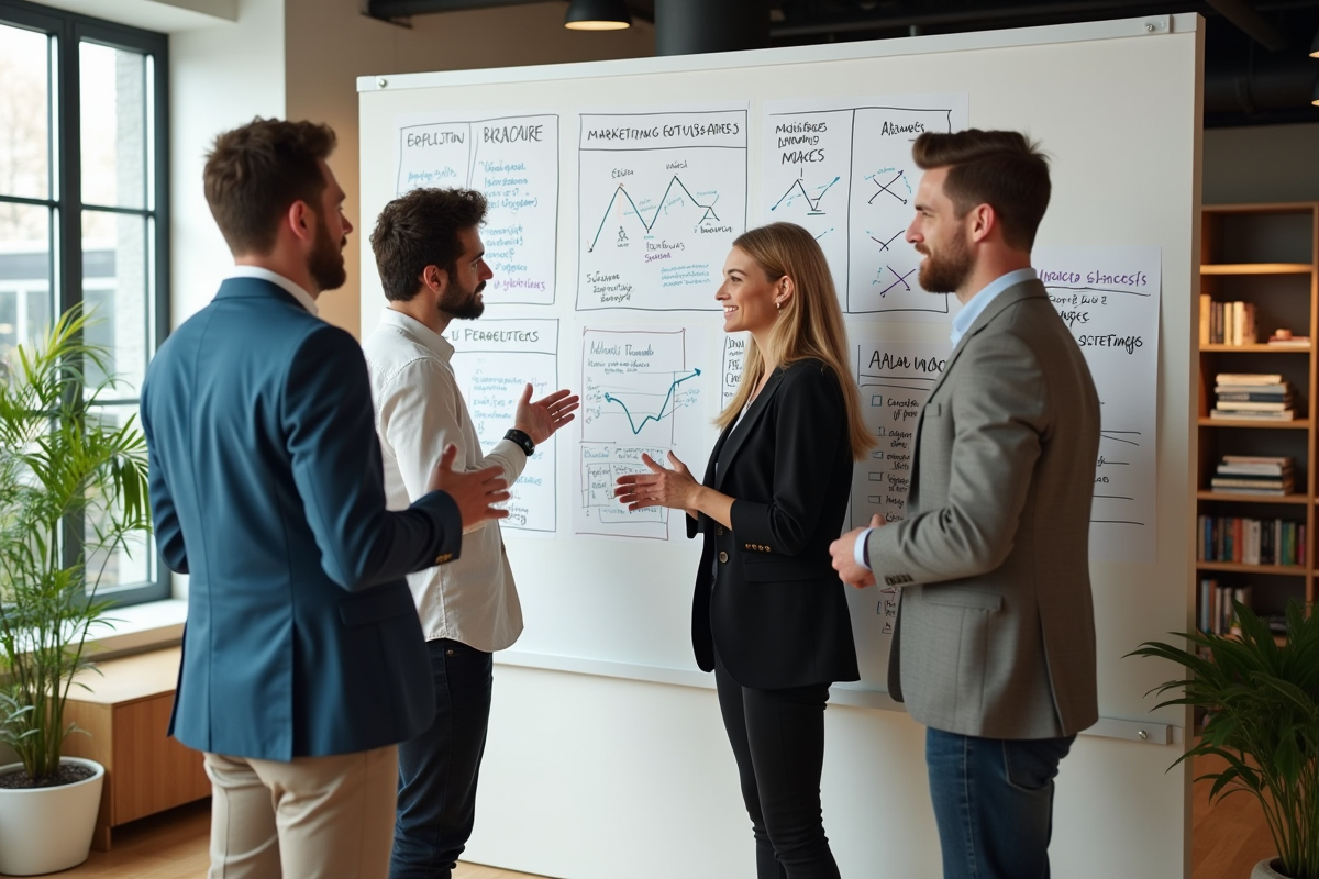 Groupe de professionnels discutant stratégie marketing en coworking