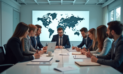 Groupe de professionnels divers analysant des documents internationaux