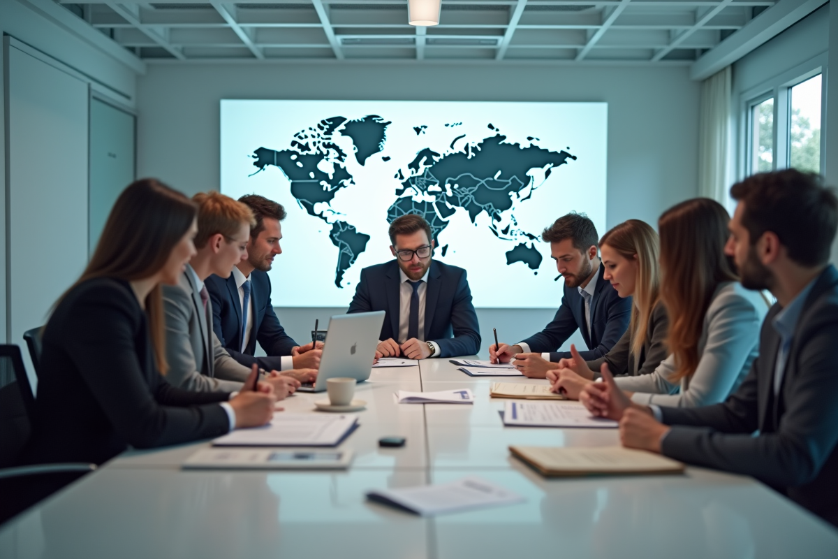 Groupe de professionnels divers analysant des documents internationaux