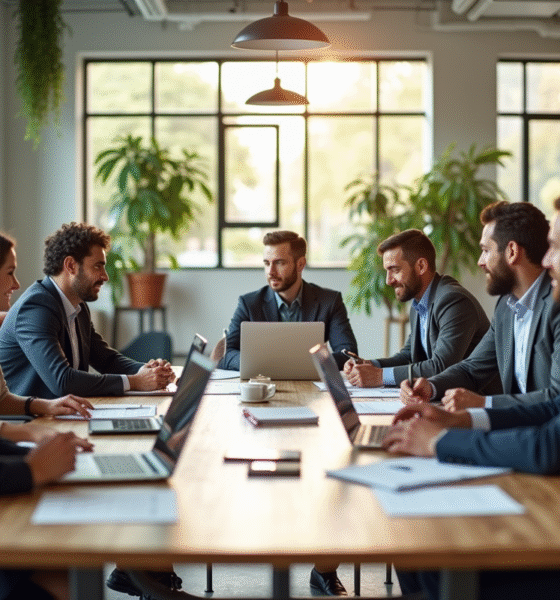 Espace de bureau moderne avec équipe diverse en réunion