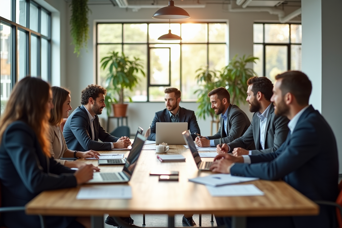 Espace de bureau moderne avec équipe diverse en réunion