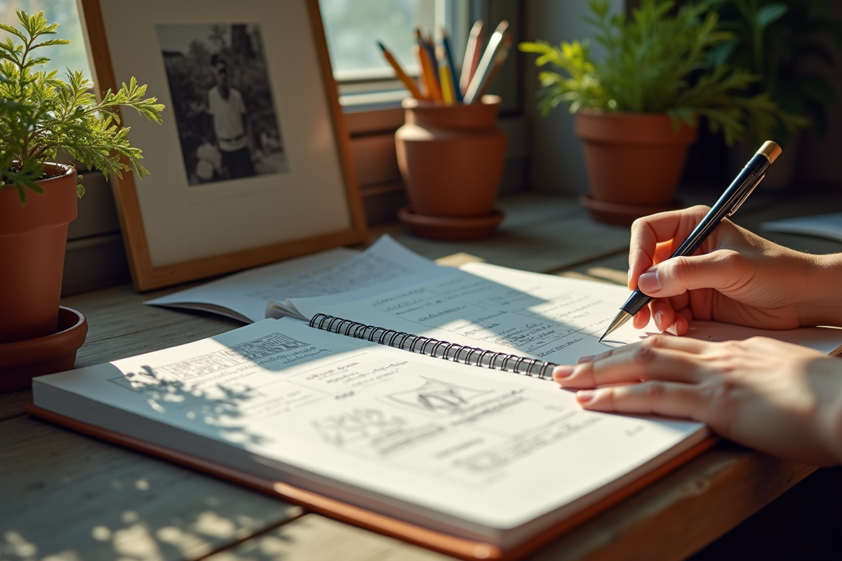 Espace de travail créatif avec journal et croquis en journée