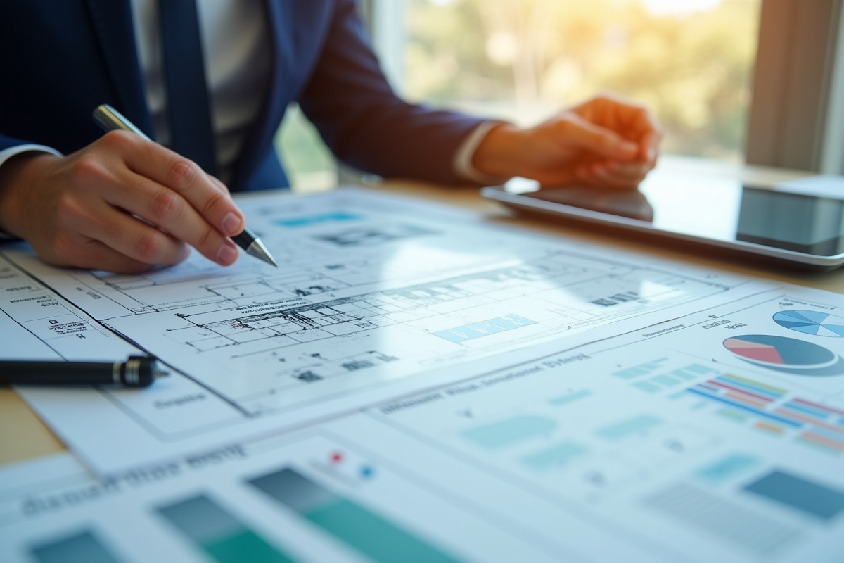 Mains examinant un plan technique avec certificats internationaux