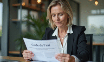 Femme d'affaires française examinant un document sur le Code du Travail