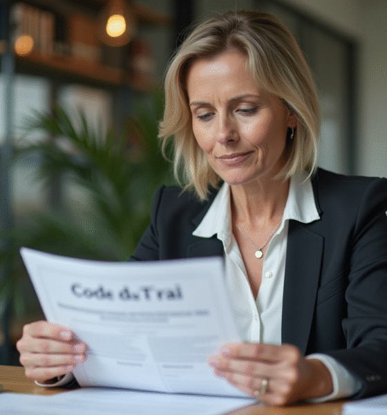 Femme d'affaires française examinant un document sur le Code du Travail