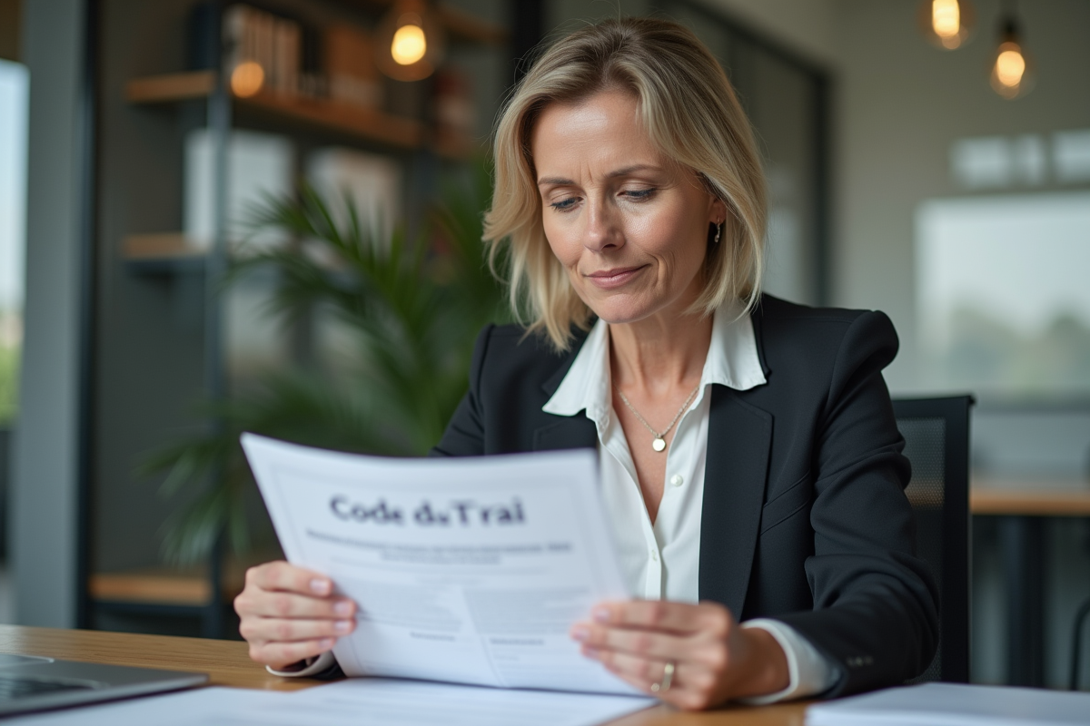 Femme d'affaires française examinant un document sur le Code du Travail