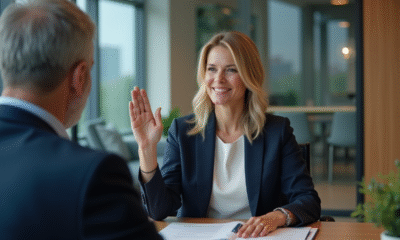 Femme d'affaires en costume navy lors d'une réunion professionnelle