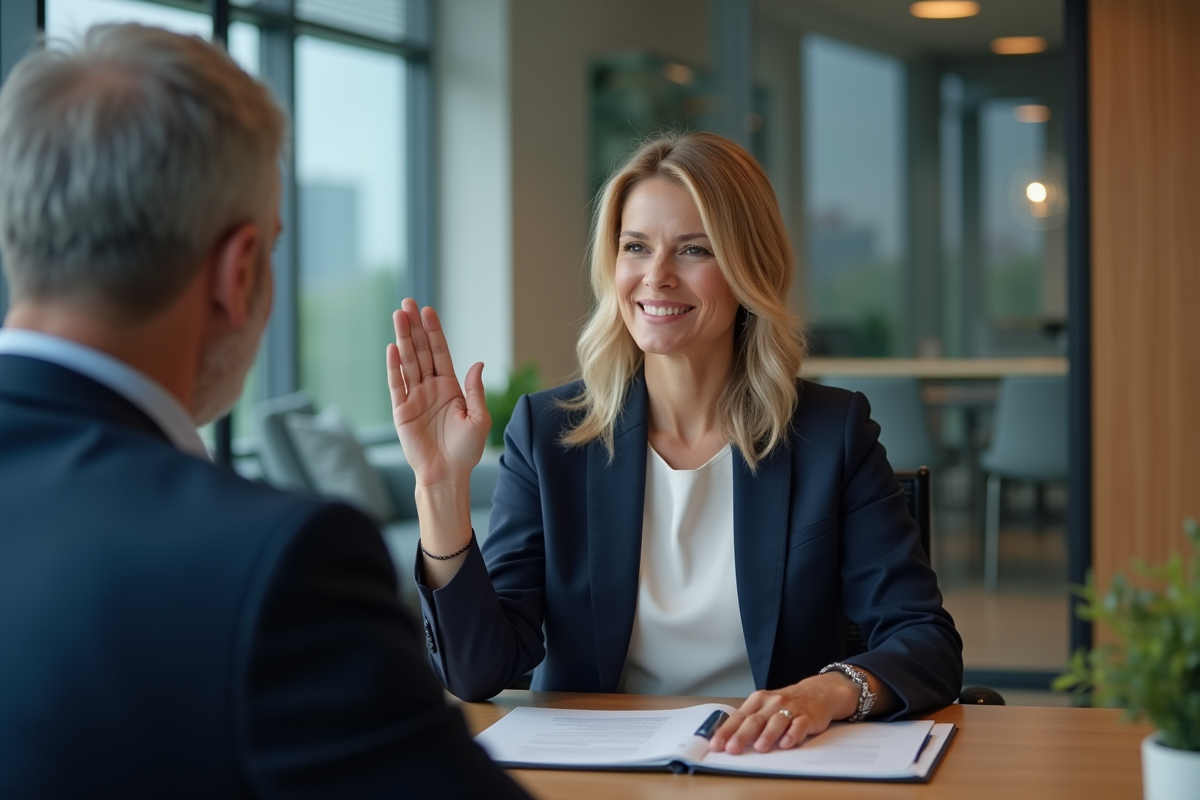Femme d'affaires en costume navy lors d'une réunion professionnelle