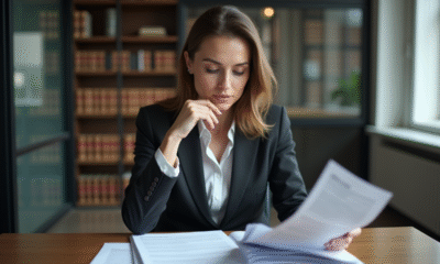 Femme d'affaires lisant des documents dans un bureau moderne