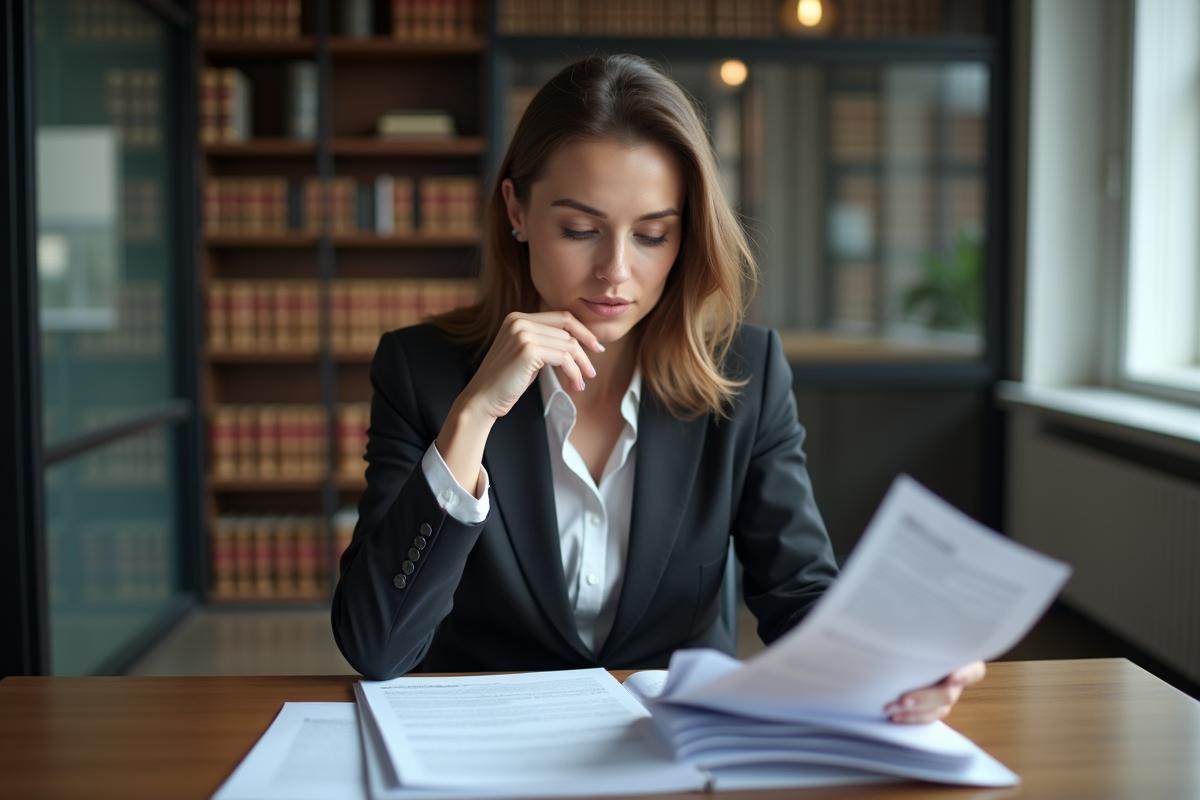 Femme d'affaires lisant des documents dans un bureau moderne