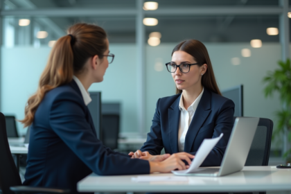 Femme en costume navy en réunion d'affaires