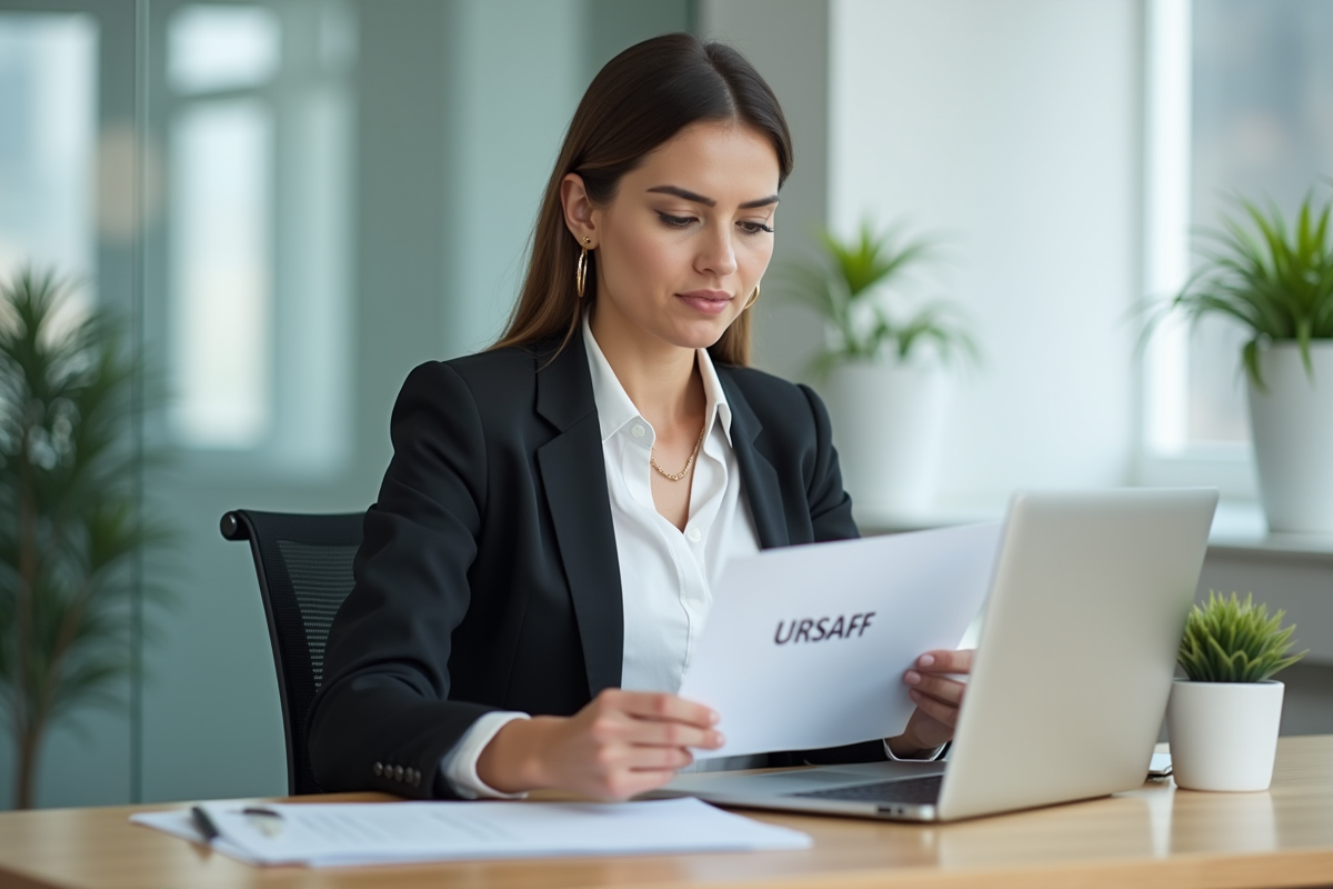 Femme d'affaires regardant son ordinateur avec document URSSAF