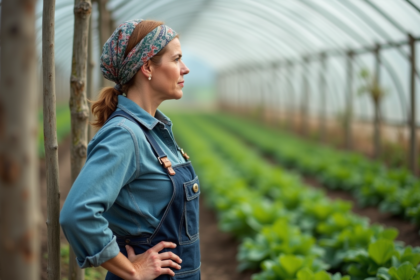 Femme agricole debout près d'une serre de légumes verts