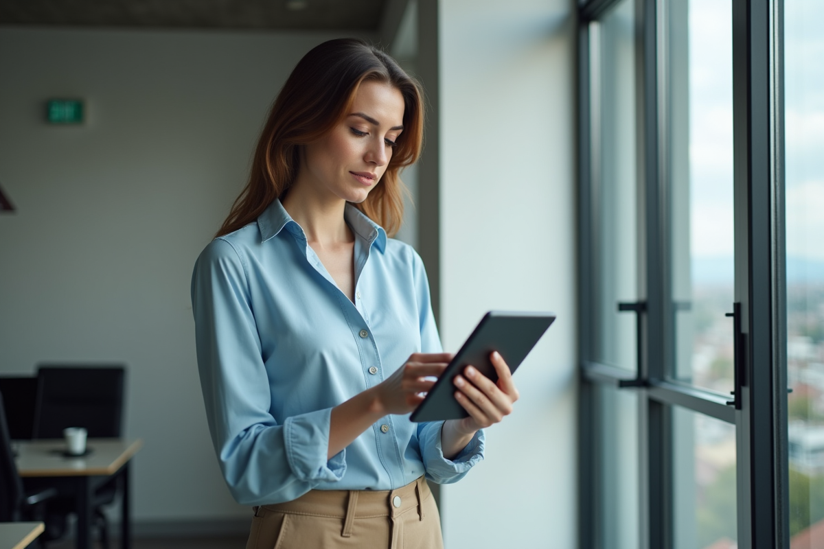 Femme analysant des données SEO dans un espace de coworking urbain