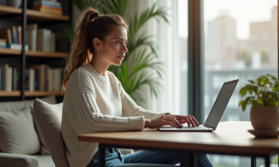 Femme assise à son bureau vérifiant ses statistiques Facebook