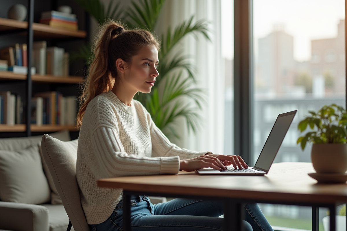 Femme assise à son bureau vérifiant ses statistiques Facebook