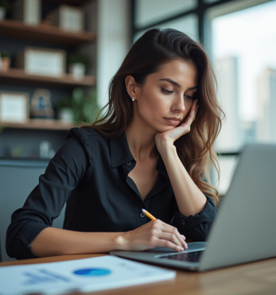 Femme concentrée analysant des graphiques SEO sur son ordinateur