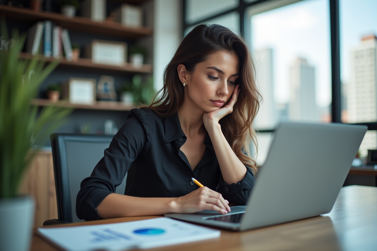 Femme concentrée analysant des graphiques SEO sur son ordinateur
