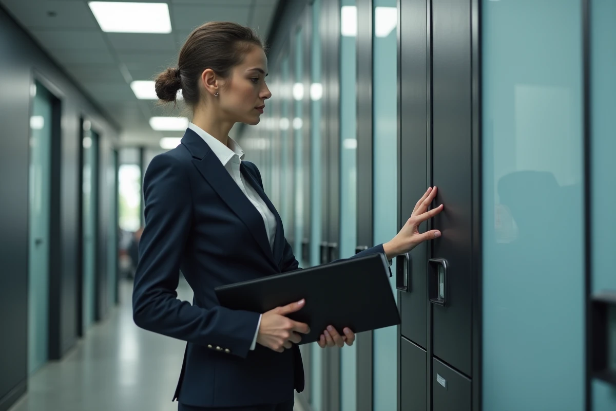 Jeune femme verrouillant un classeur sécurisé dans un couloir