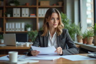 Femme en bureau en concentration avec documents