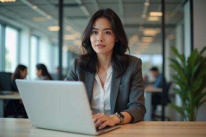 Femme d affaires assise au bureau avec ordinateur portable