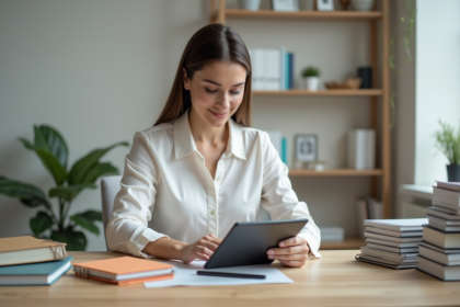 Femme organisée dans son espace de travail à domicile