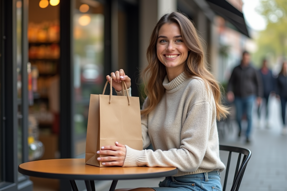 Jeune femme au café avec sac de courses en ville