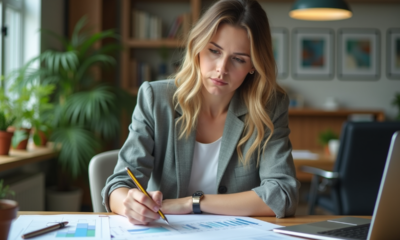 Femme d'âge moyen examine documents environnementaux au bureau