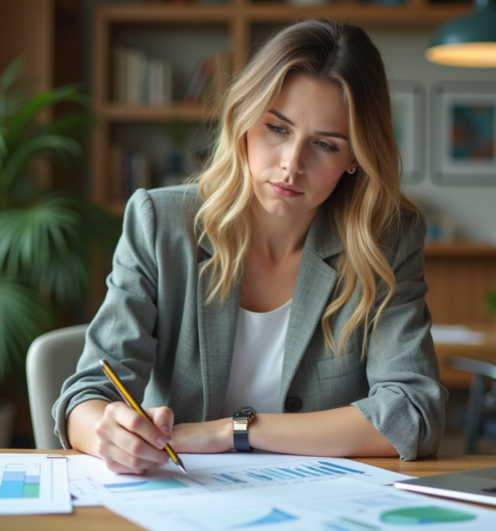 Femme d'âge moyen examine documents environnementaux au bureau