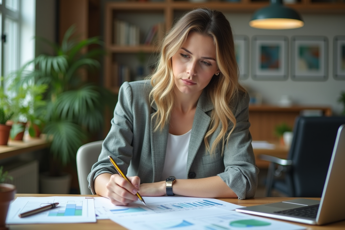 Femme d'âge moyen examine documents environnementaux au bureau