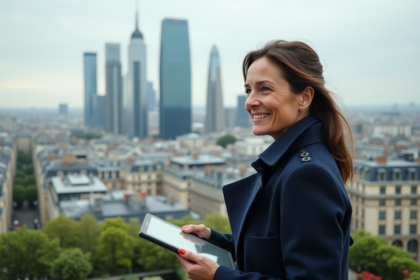 Femme française souriante sur un rooftop à Paris futuriste