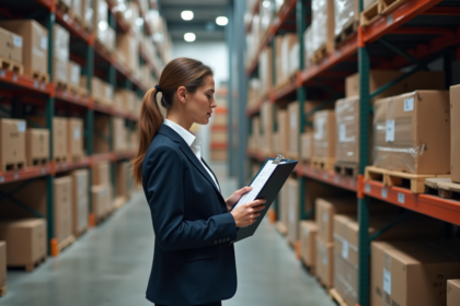 Femme d affaires vérifiant une liste dans un centre logistique